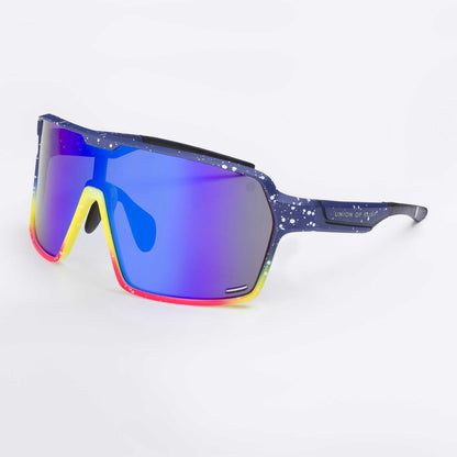 Side-view wraparound sports eyewear with blue frames and multicolour mirrored lens