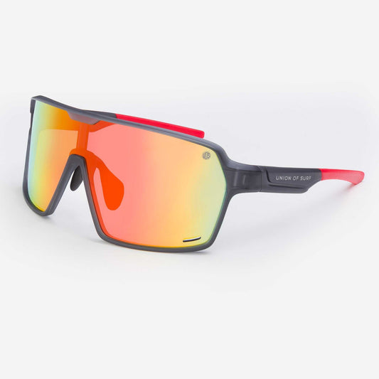 Red mirrored wraparound sports sunglasses with black frame and orange tinted lens
