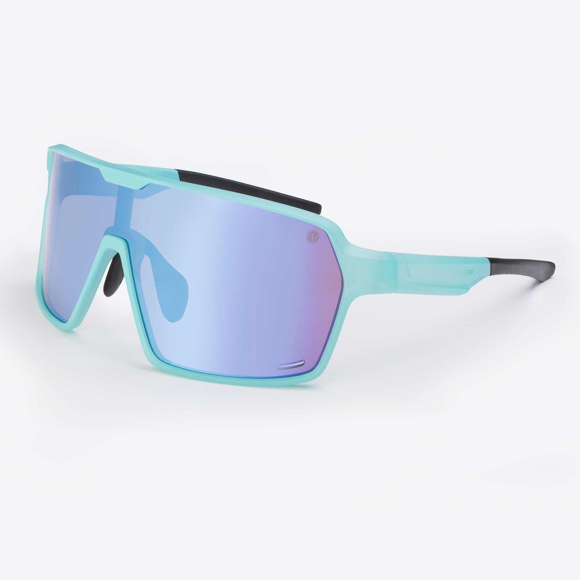 Ice blue wrap-around sports sunglasses with side frame and mirrored blue lens