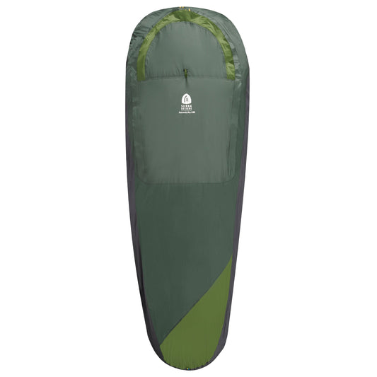 Sierra Designs backcountry bivy bag in dark green with lime accents and rounded hood.