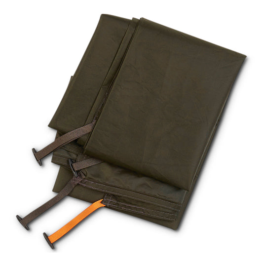 Olive-green tent footprint with folding panels and attached tie straps