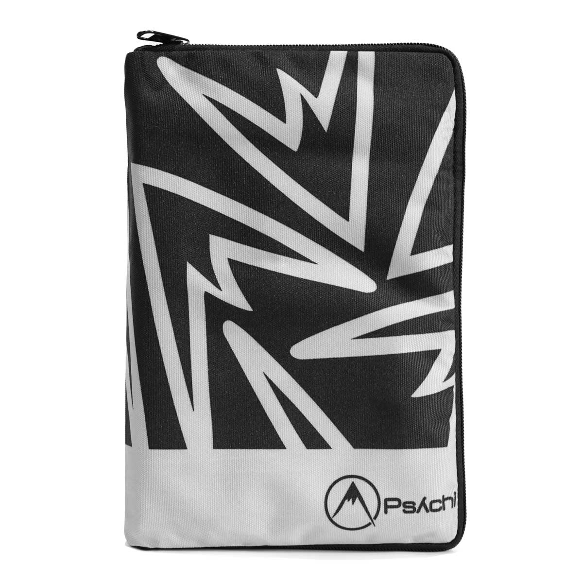 Weatherproof climbing guidebook cover in black and white with zigzag graphic and zipper