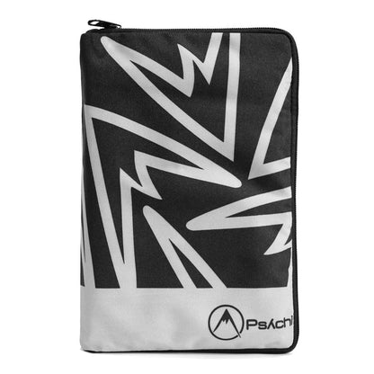 Weatherproof climbing guidebook cover in black and white with zigzag graphic and zipper