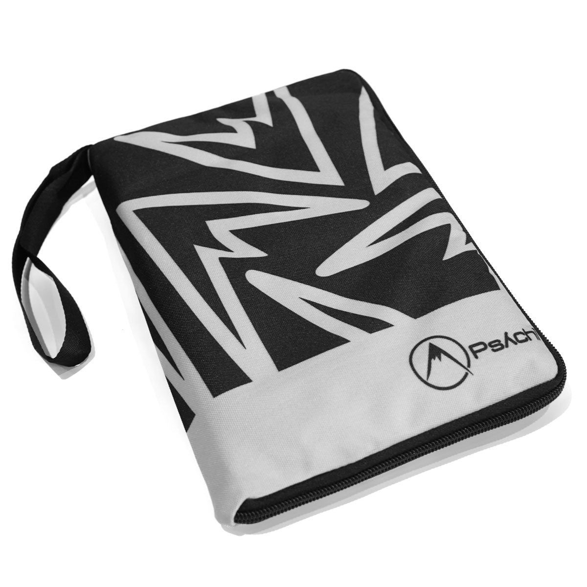Weatherproof climbing guidebook cover in black and white zigzag pattern with black strap