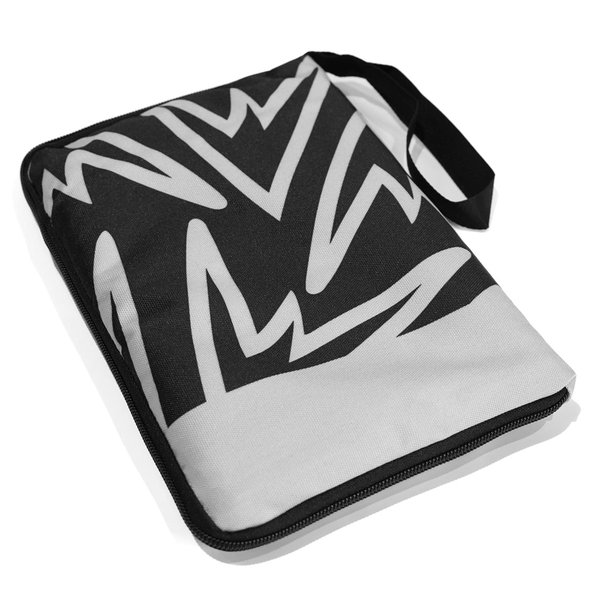 Weatherproof climbing guidebook cover in black and white zigzag graphic with zipper edge