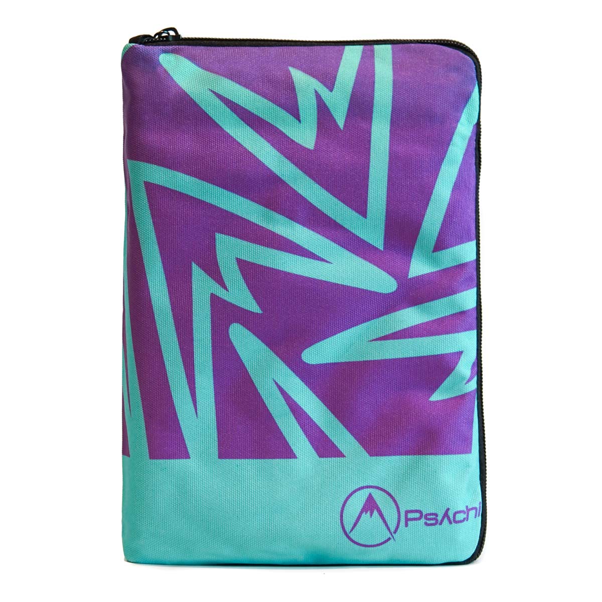 Weatherproof climbing guidebook cover in purple and teal with black zipper trim and logo