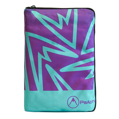 Weatherproof climbing guidebook cover in purple and teal with black zipper trim and logo