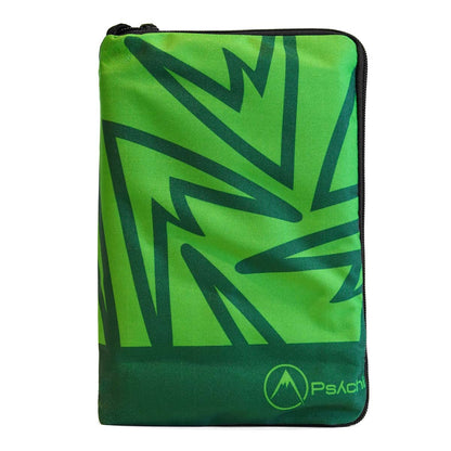 Weatherproof climbing guidebook cover in green with black trim and teal graphic design