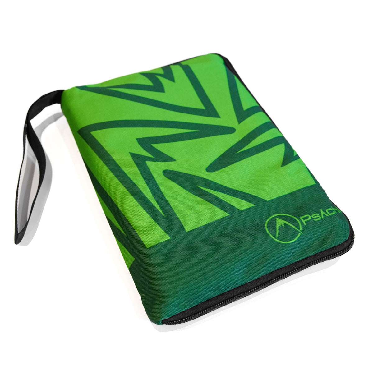 Weatherproof climbing guidebook cover with green-and-teal graphic, black zipper edge, strap