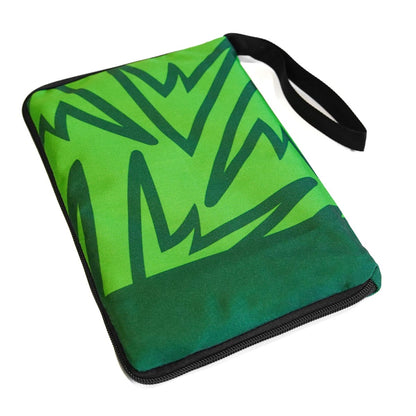 Weatherproof climbing guidebook cover with green and teal graphic print and black border