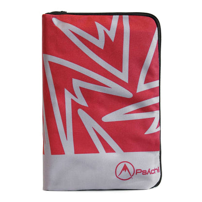 Weatherproof climbing guidebook cover in red and white with black zipper trim and logo