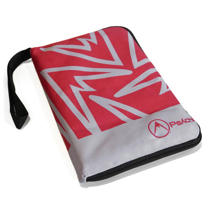 Weatherproof climbing guidebook cover with red geometric print, black zipper and strap