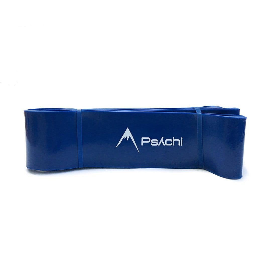 Blue resistance band loop secured in a band stack with Psachi logo