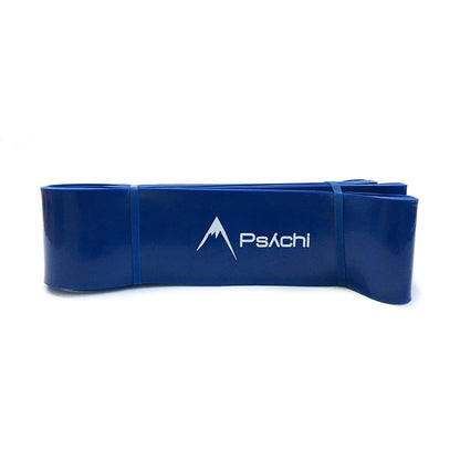 Blue resistance band loop secured in a band stack with Psachi logo