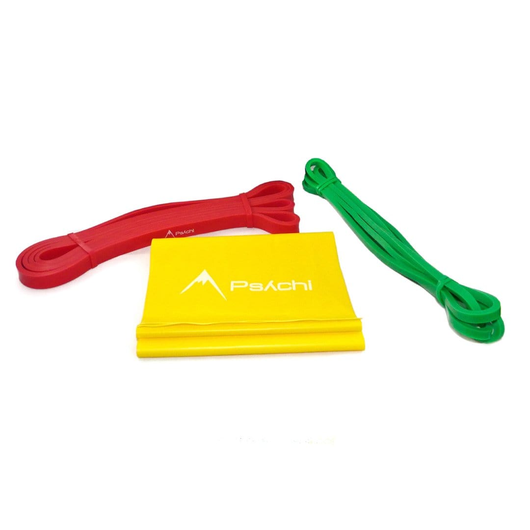 Resistance band set with red and green loops plus a yellow folded band