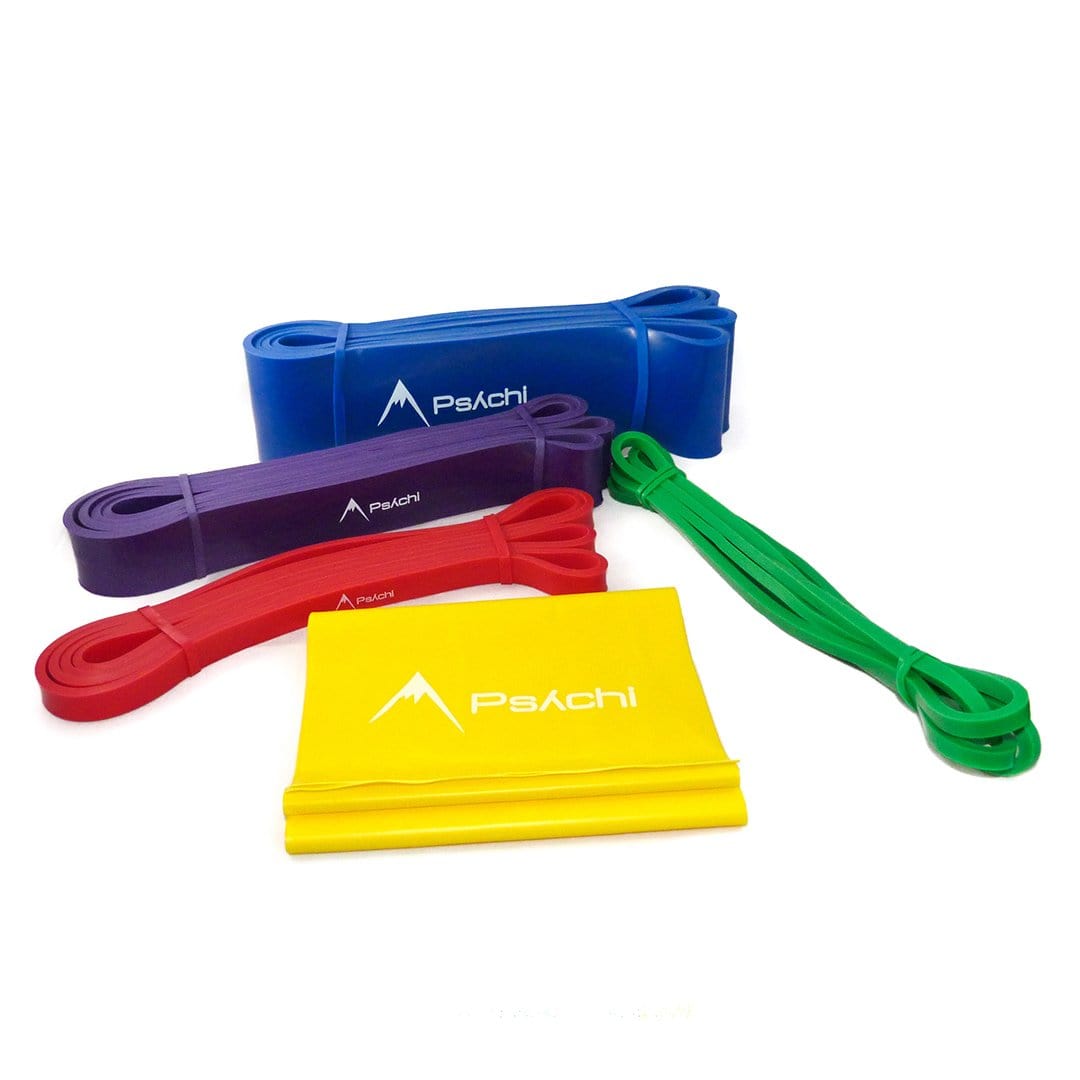 Resistance band set with blue, purple, red, green, and yellow loop bands