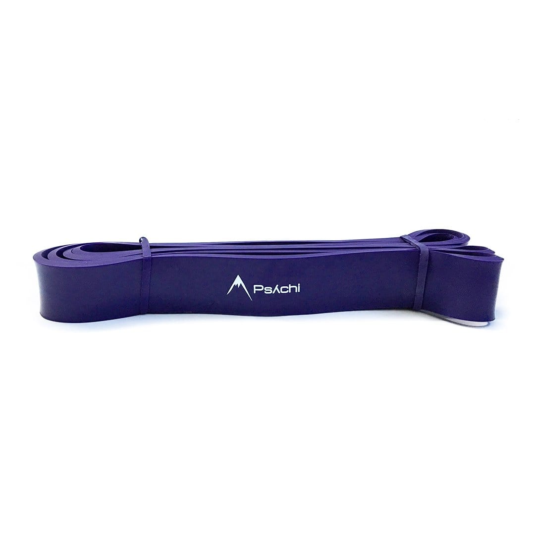 Purple resistance band loop secured in a band stack with Psachi logo