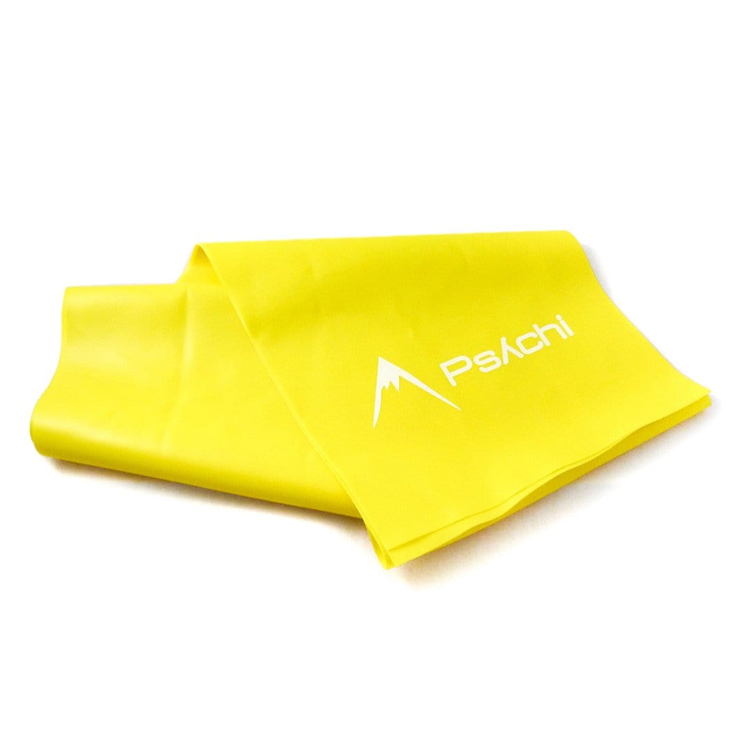 Yellow resistance band loop folded with Psachi logo