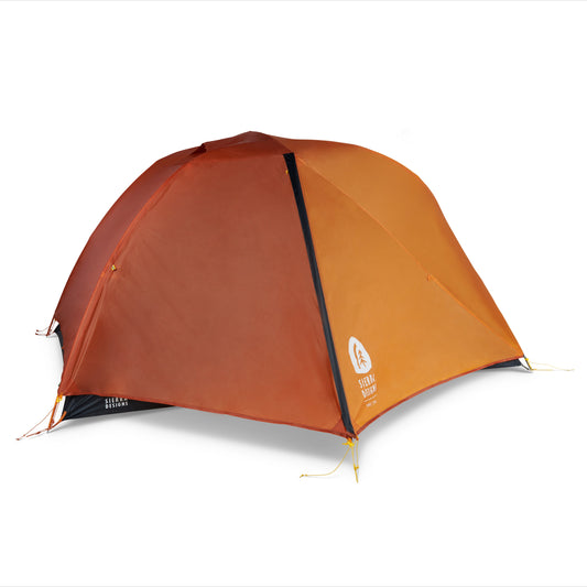 2-person lightweight dome tent, orange and rust outer, dark trim and poles