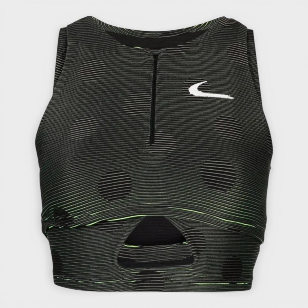 Sleeveless cropped performance top, dark gray/black with Nike swoosh and center zip