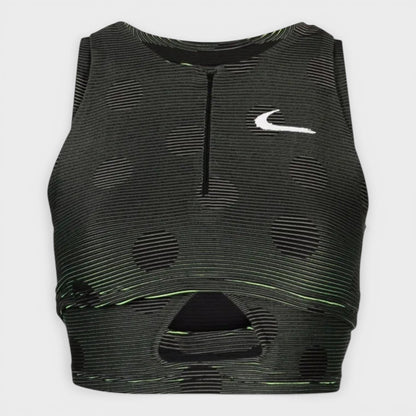 Sleeveless cropped performance top, dark gray/black with Nike swoosh and center zip