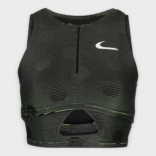 Sleeveless cropped performance top, dark gray/black with Nike swoosh and center zip
