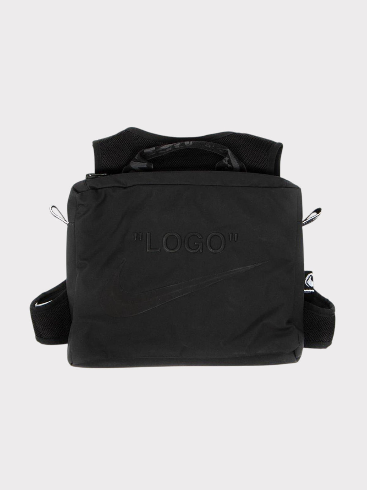Black Nike crossbody bag with embossed "LOGO" and top carry handles