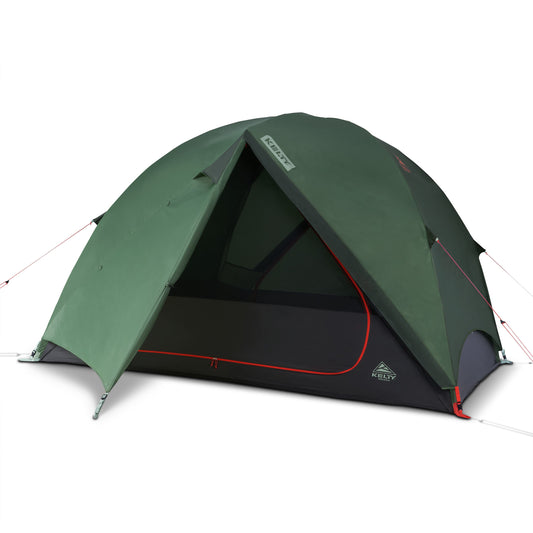 KELTY Wireless 6P tent, dark interior with green fly and red trim, front door open