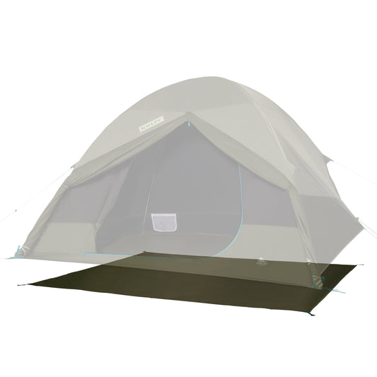 KELTY olive tent footprint spread beneath a light-gray tent