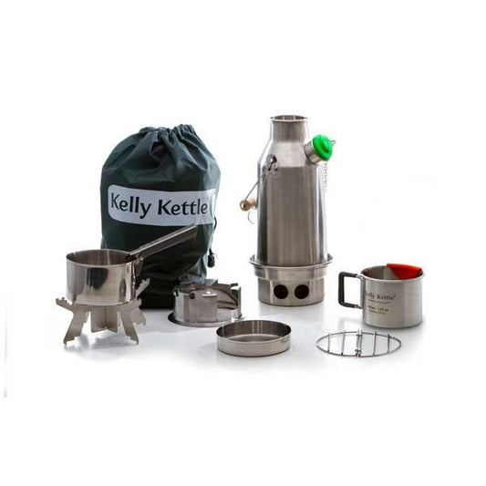 Kelly Kettle stainless steel fire kettle kit with stove, cup, pot, and carry bag