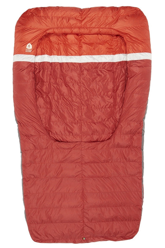 Red and gray duo down sleeping bag with hooded top and padded rectangular foot area