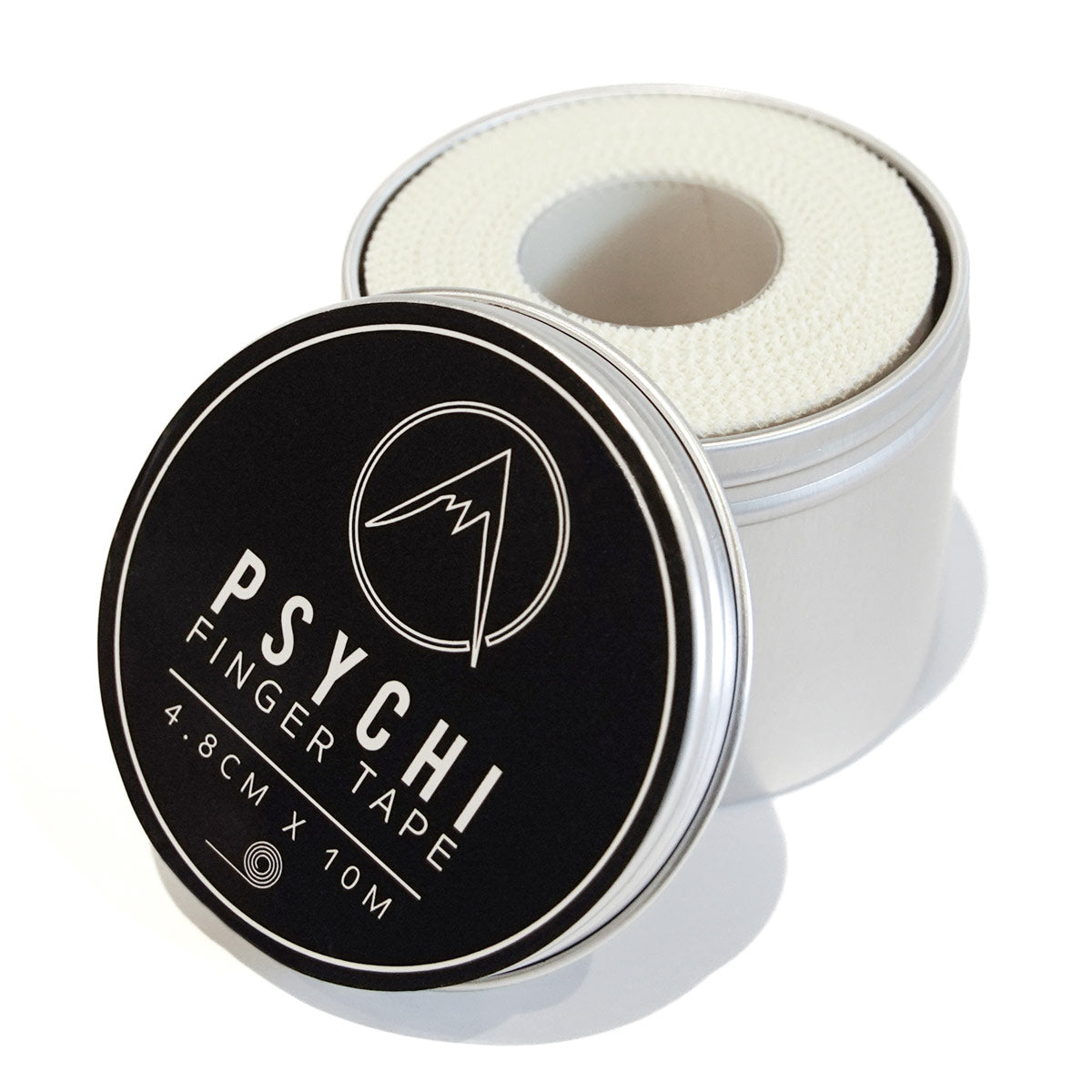 Climbing finger tape tins with white tape rolls, front and rear views