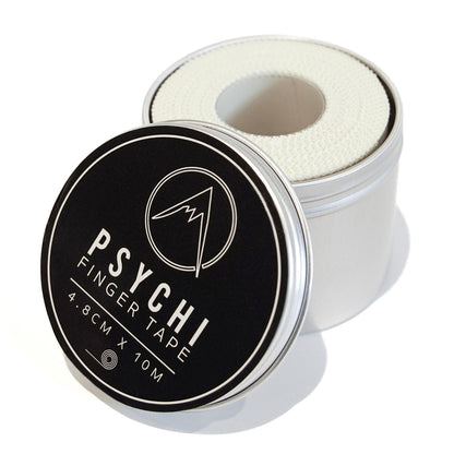 Climbing finger tape tins with white tape rolls, front and rear views