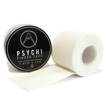 Climbing finger tape roll with black PSYCHI label and rolled white tape