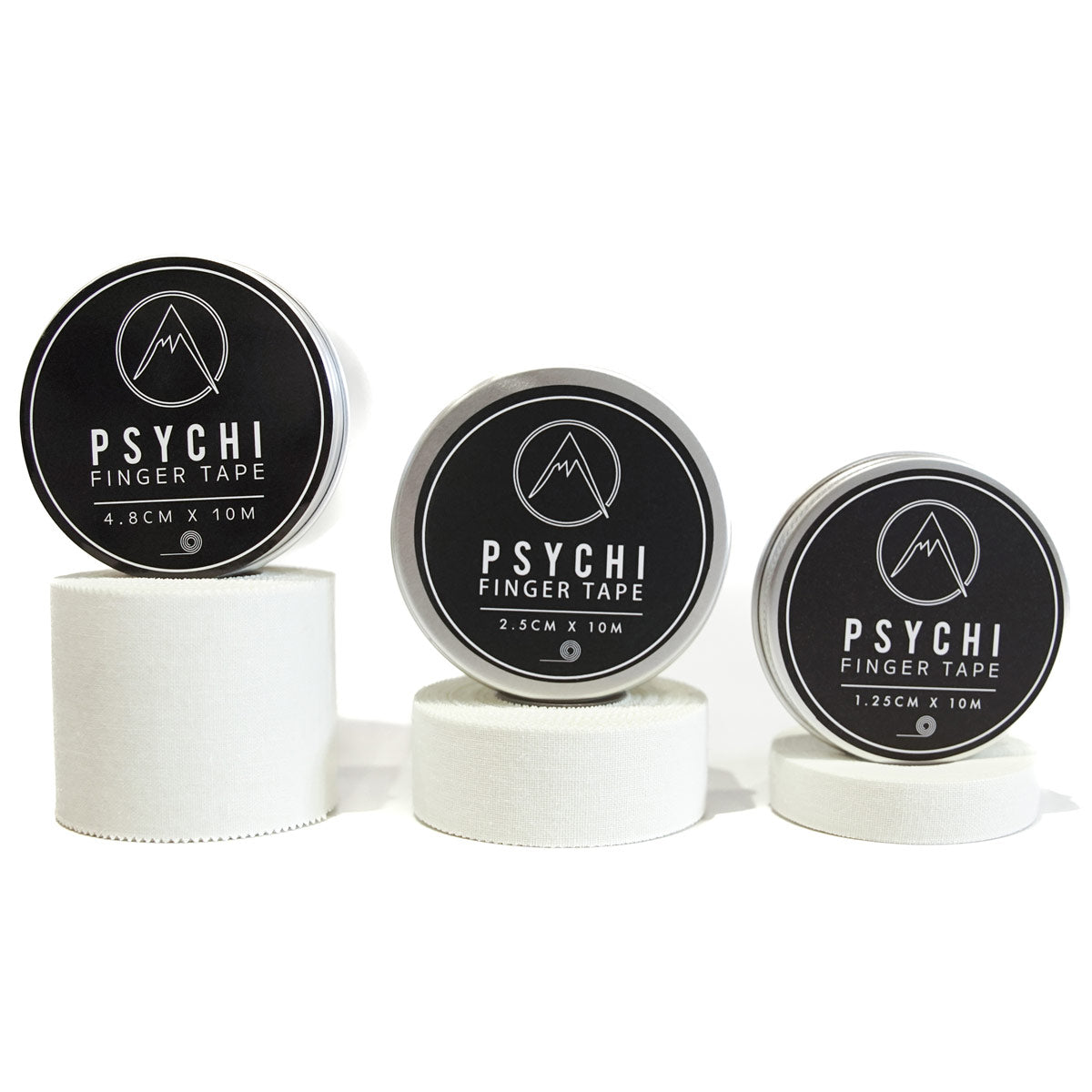 Set of PSYCHI climbing finger tape rolls in different widths on white spools
