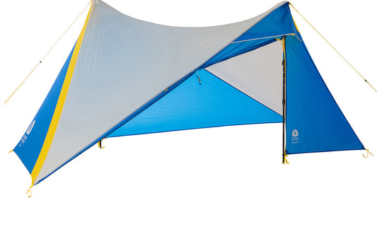 Blue and gray freestanding tarp shelter with yellow accents and open entry.