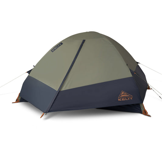 4-person dome tent with olive-green canopy and dark blue base, open front.