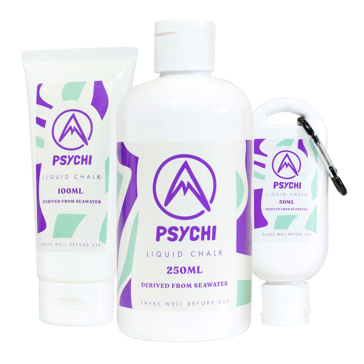 Liquid climbing chalk bottle set with tube, white containers with purple PSYCHI logo