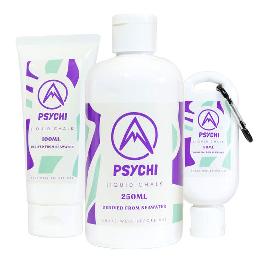 Liquid climbing chalk bottle set with tube, white containers with purple PSYCHI logo