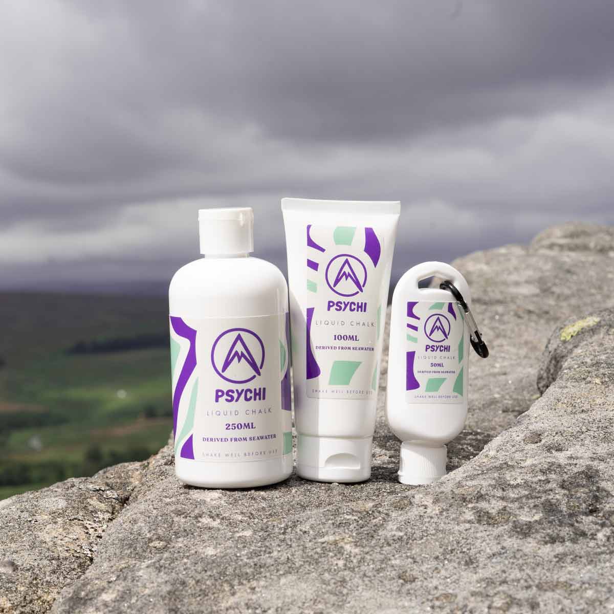 Resin-free liquid climbing chalk set: pump bottle, tube, and smaller dispenser bottles
