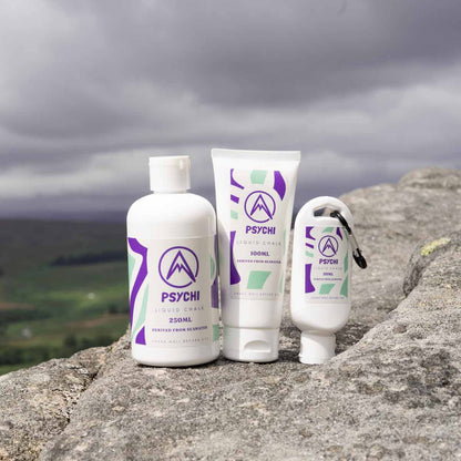 Resin-free liquid climbing chalk set: pump bottle, tube, and smaller dispenser bottles