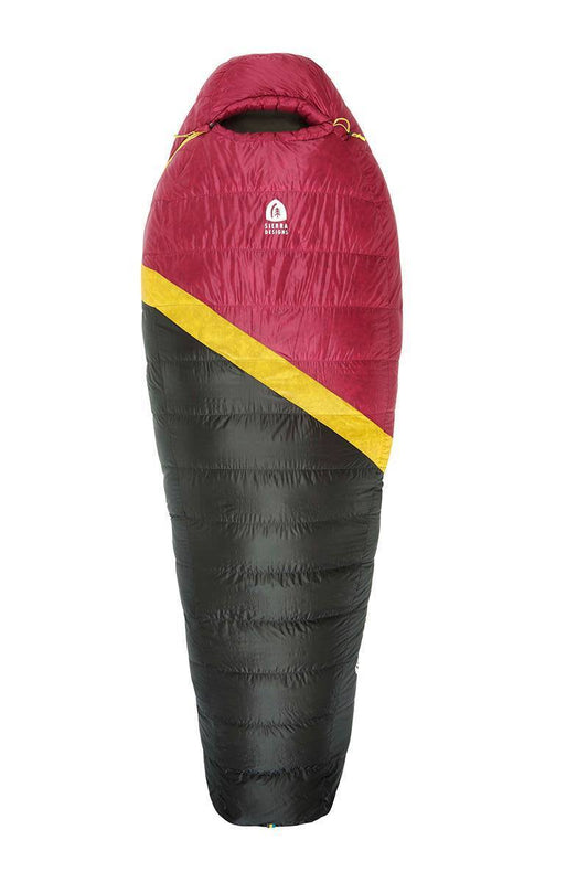 Women's sleeping bag with red hood, dark gray body, and yellow diagonal panel