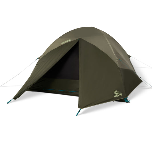 KELTY olive 6-person dome tent with open front and mesh window panels