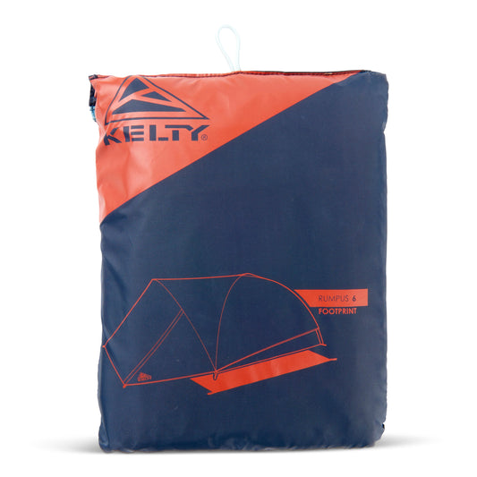 Kelty Rumpus tent footprint, folded dark blue and orange with footprint outline