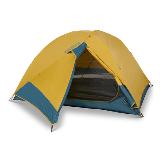 Kelty Far Out 3-person tent with blue and yellow canopy, open door and mesh window.
