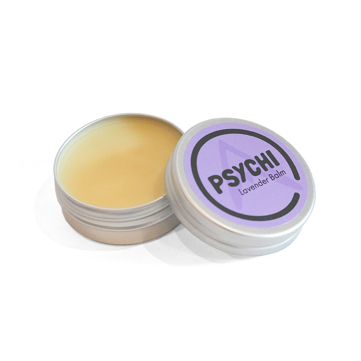 PSYCHI Lavender balm tin with open lid showing pale yellow balm