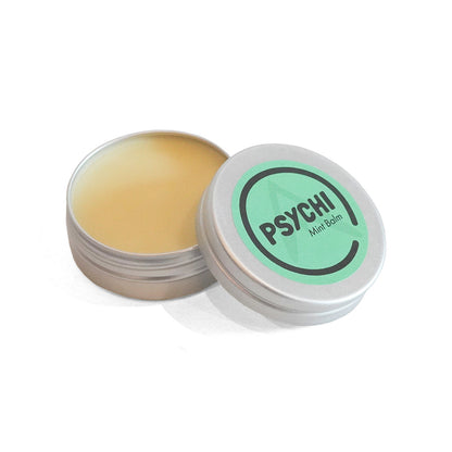 PSYCHI Mint balm tin with open lid showing pale yellow balm