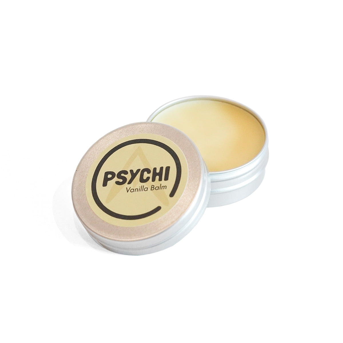 PSYCHI Vanilla balm tin with open lid showing pale yellow balm
