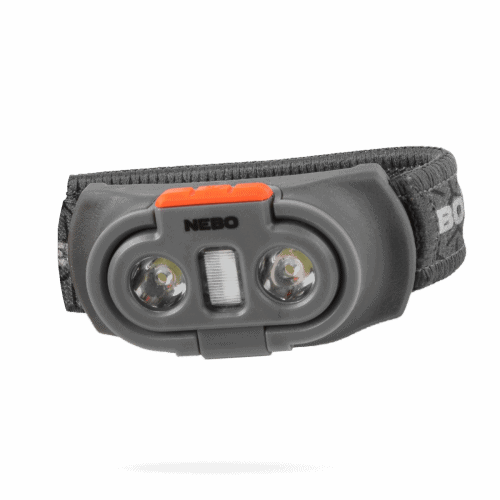 NEBO headlamp with gray housing, dual front LEDs, orange power button, headband