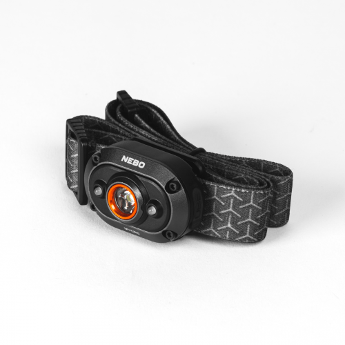 Black Nebo headlamp with orange LED lens and adjustable cap/hat strap